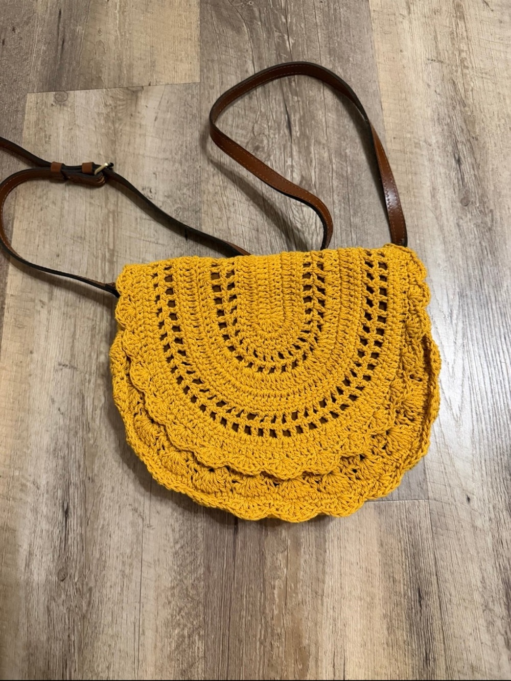 Patricia Nash Mustard Yellow Crochet Crossbody with Brown Strap